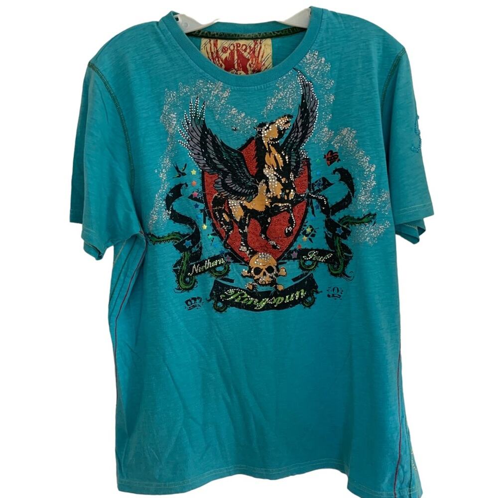 Ringspun Teal Beaded Flying Horse & Shield Graphic Logo Tee Large